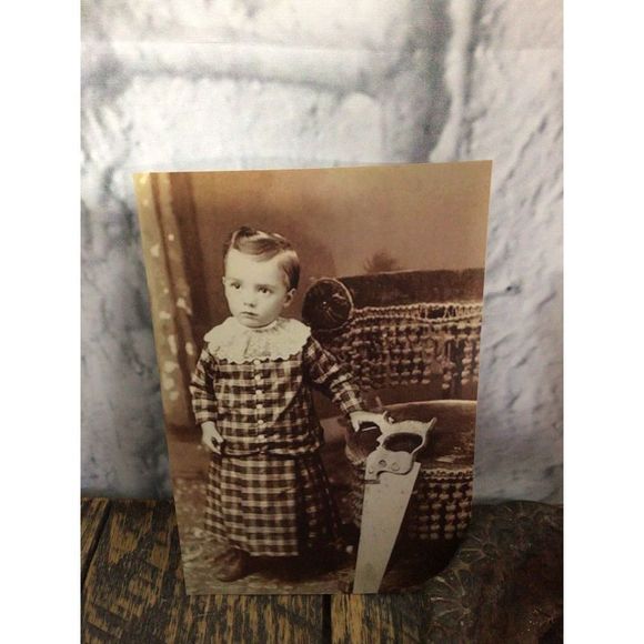 Vintage Photo Reprint Photo Boy With Hand Saw Odd Creepy - Picture 9 of 10